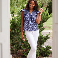 Autumn Leaf Print Flutter Sleeve Top with Tassels