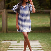Navy Gingham Ruffle Sleeve Dress with Tassels