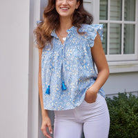 Periwinkle Floral Print Flutter Sleeve Top with Tassels