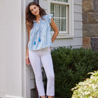 Periwinkle Floral Print Flutter Sleeve Top with Tassels