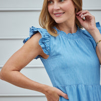 Light Chambray Ruffle Neck Dress