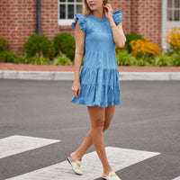 Light Chambray Ruffle Neck Dress