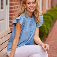 Light Chambray Pintuck Flutter Sleeve Top