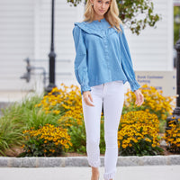 Light Chambray Long Sleeve Ruffle Bib Blouse