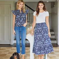 Navy Batik Print Flutter Sleeve Top with Tassels