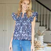Navy Batik Print Flutter Sleeve Top with Tassels