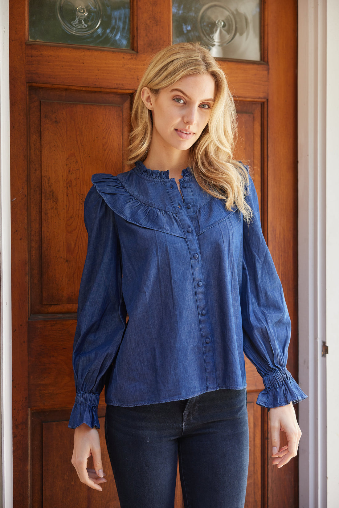 Dark Chambray Long Sleeve Ruffle Bib Blouse