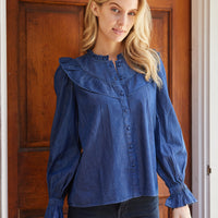 Dark Chambray Long Sleeve Ruffle Bib Blouse