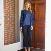 Dark Chambray Long Sleeve Ruffle Bib Blouse