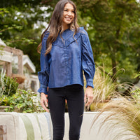 Dark Chambray Long Sleeve Ruffle Bib Blouse