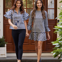 Navy Gingham Long Sleeve Ruffle Hem Dress