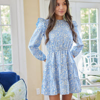 Periwinkle Floral Long Sleeve Ruffle Front Dress