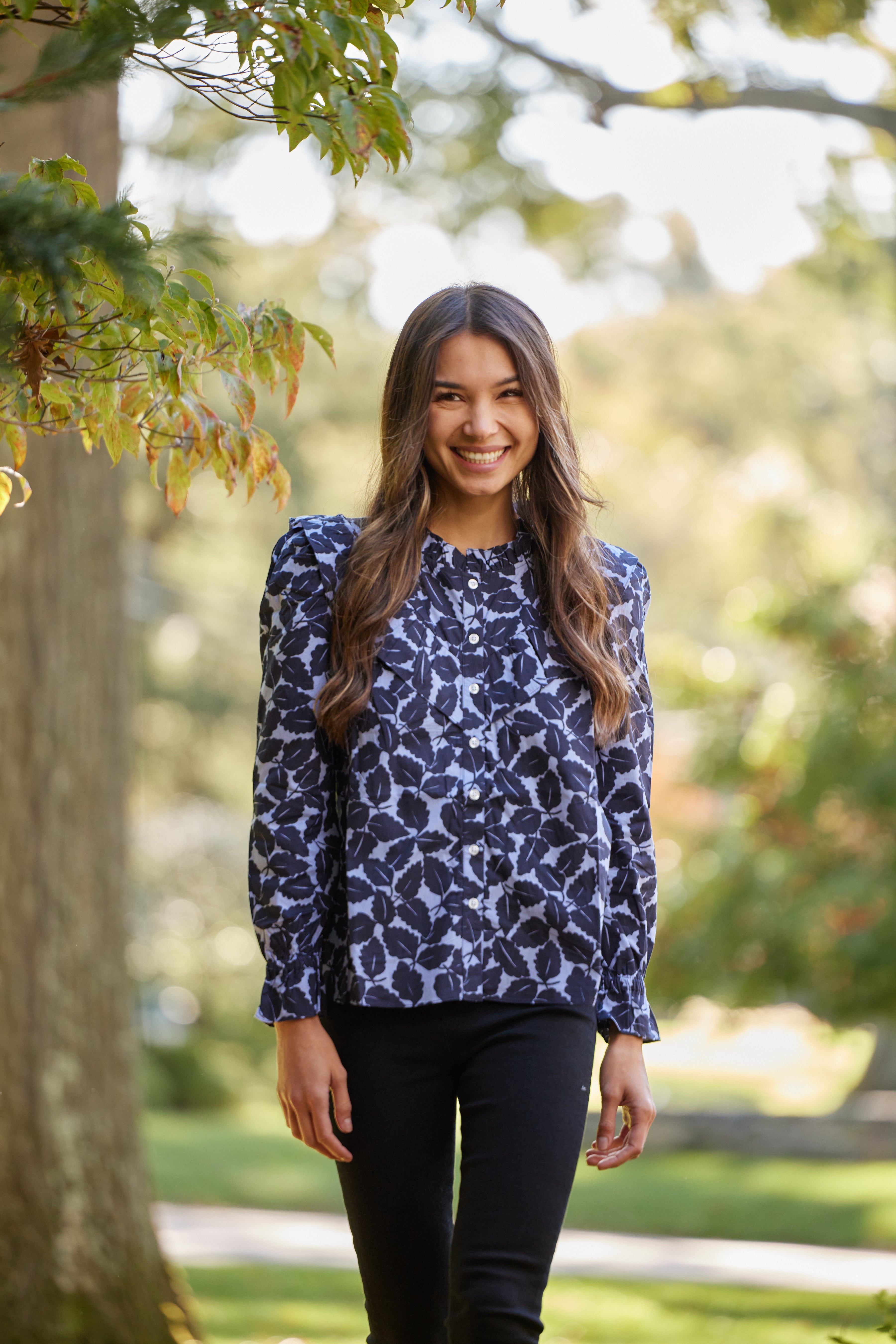Autumn Leaf Print Long Sleeve Ruffle Bib Blouse – Sail to Sable