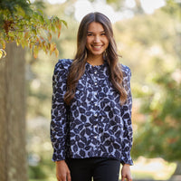 Autumn Leaf Print Long Sleeve Ruffle Bib Blouse