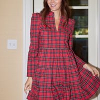 Red Tartan Long Sleeve Tunic Flare Dress