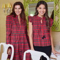 Red Tartan Flutter Sleeve Top with Tassels