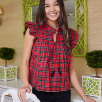 Red Tartan Flutter Sleeve Top with Tassels