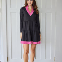 Black Long Sleeve Tunic Flare Dress with Pink Velvet Trim