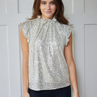 Silver Ruffle Neck Sequin Top