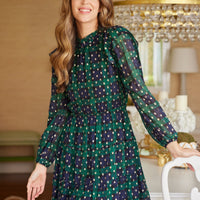 Blackwatch Lurex Clip Dot Long Sleeve Ruffle Neck Dress
