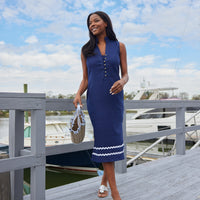 Navy Sleeveless Button Front Midi Tunic with Ric-Rac
