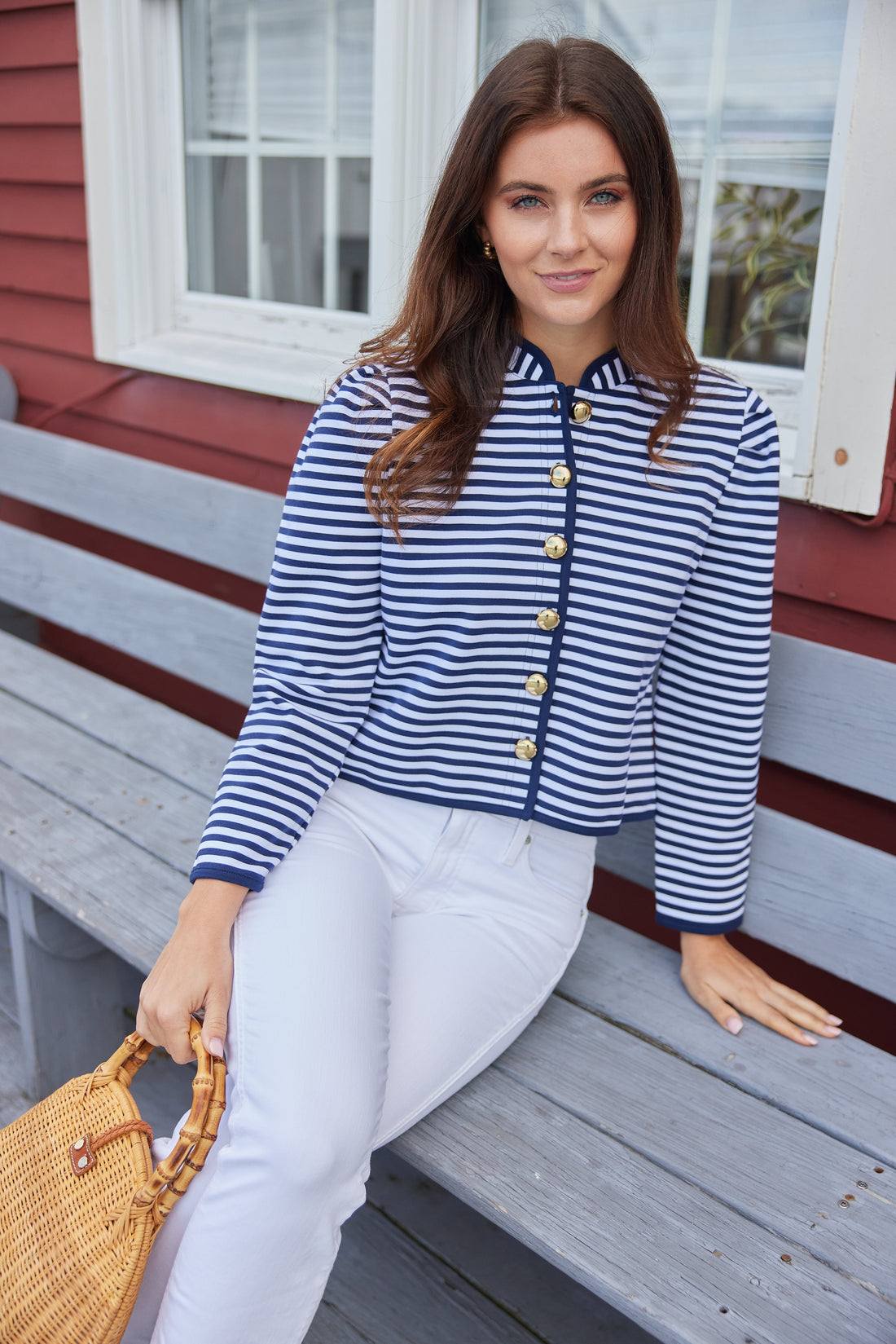Navy & White Stripe Button Front Mini Jacket