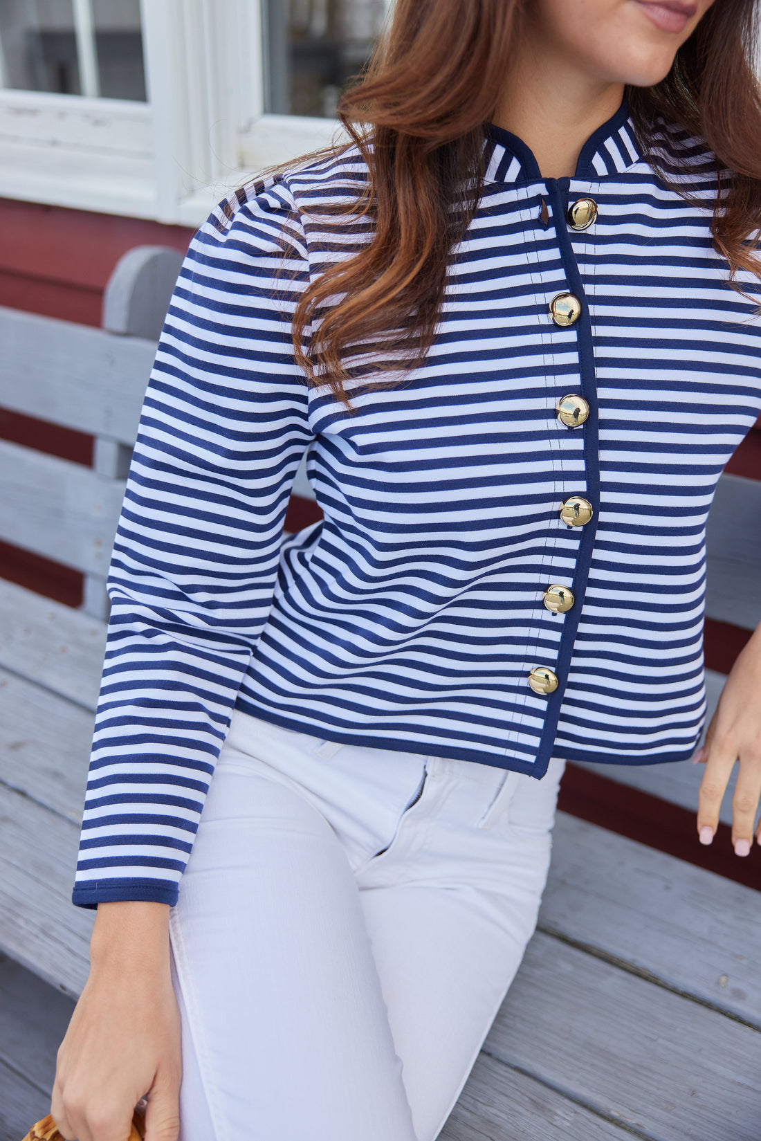 Navy & White Stripe Button Front Mini Jacket