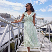 Pistachio Leaf Print V-Neck Smocked Midi Dress