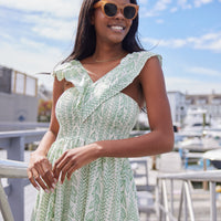 Pistachio Leaf Print V-Neck Smocked Midi Dress