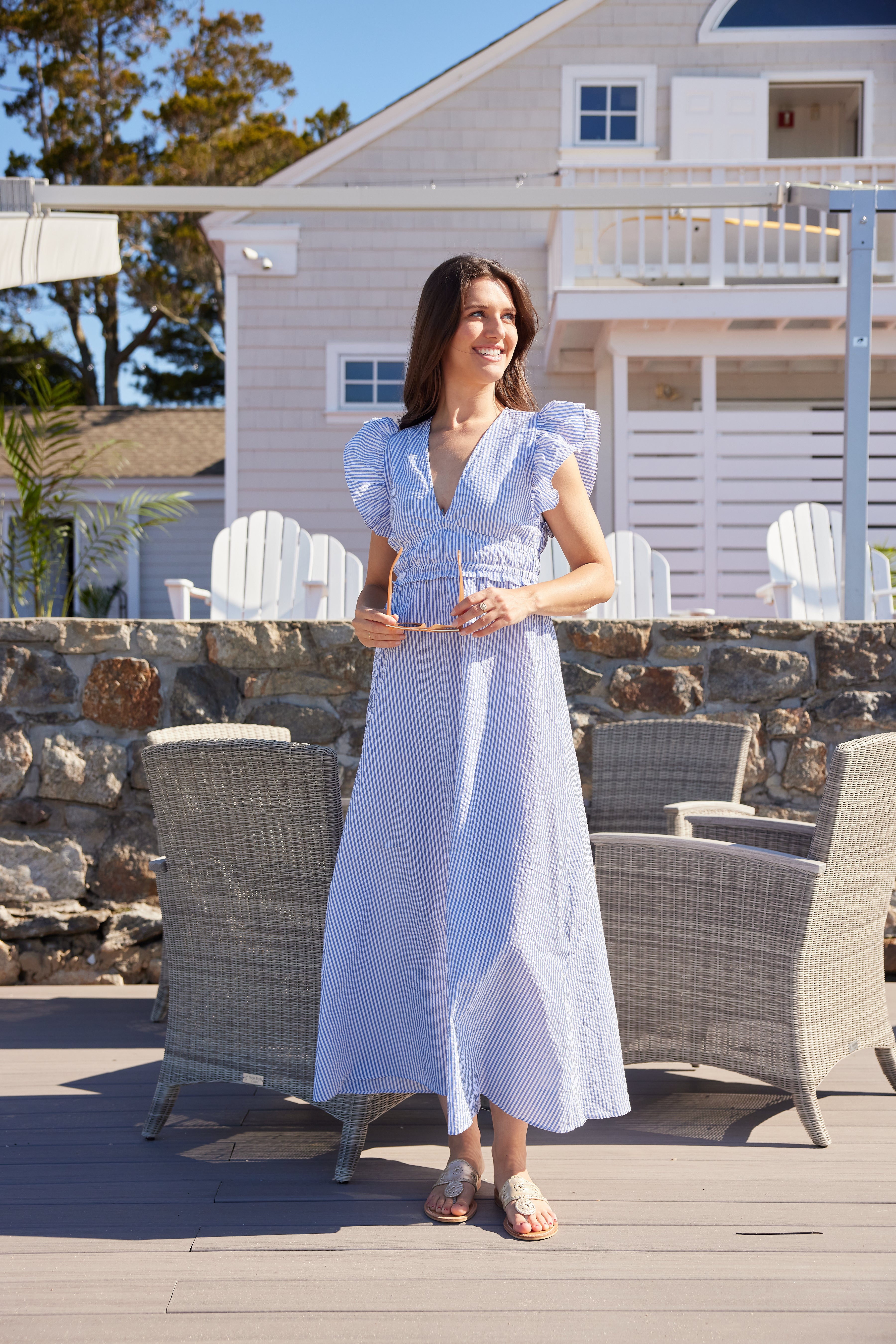 Sail to Sable Seersucker V-Neck Flutter Sleeve Maxi Dress BLUE IKAT PRINT / XS / CAB2324R Sail to Sable Seersucker V-Neck Flutter Sleeve Maxi Dress BLUE IKAT PRINT / XS / CAB2324R