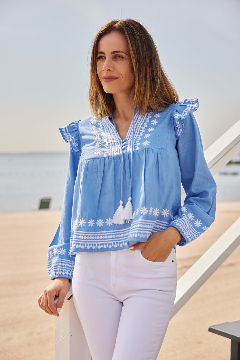Embroidered Marina Ruffle Front Blouse with Tassels – Sail to Sable