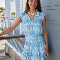 Blue Ikat Flutter Sleeve Top with Tassels
