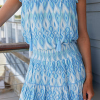 Blue Ikat Smocked Waist Mini Skirt