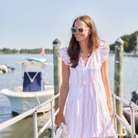 Pink Stripe Jacquard Ruffle Neck Dress with Tassels