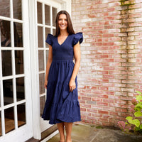 Navy Smocked Flutter Sleeve Midi Dress