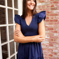 Navy Smocked Flutter Sleeve Midi Dress
