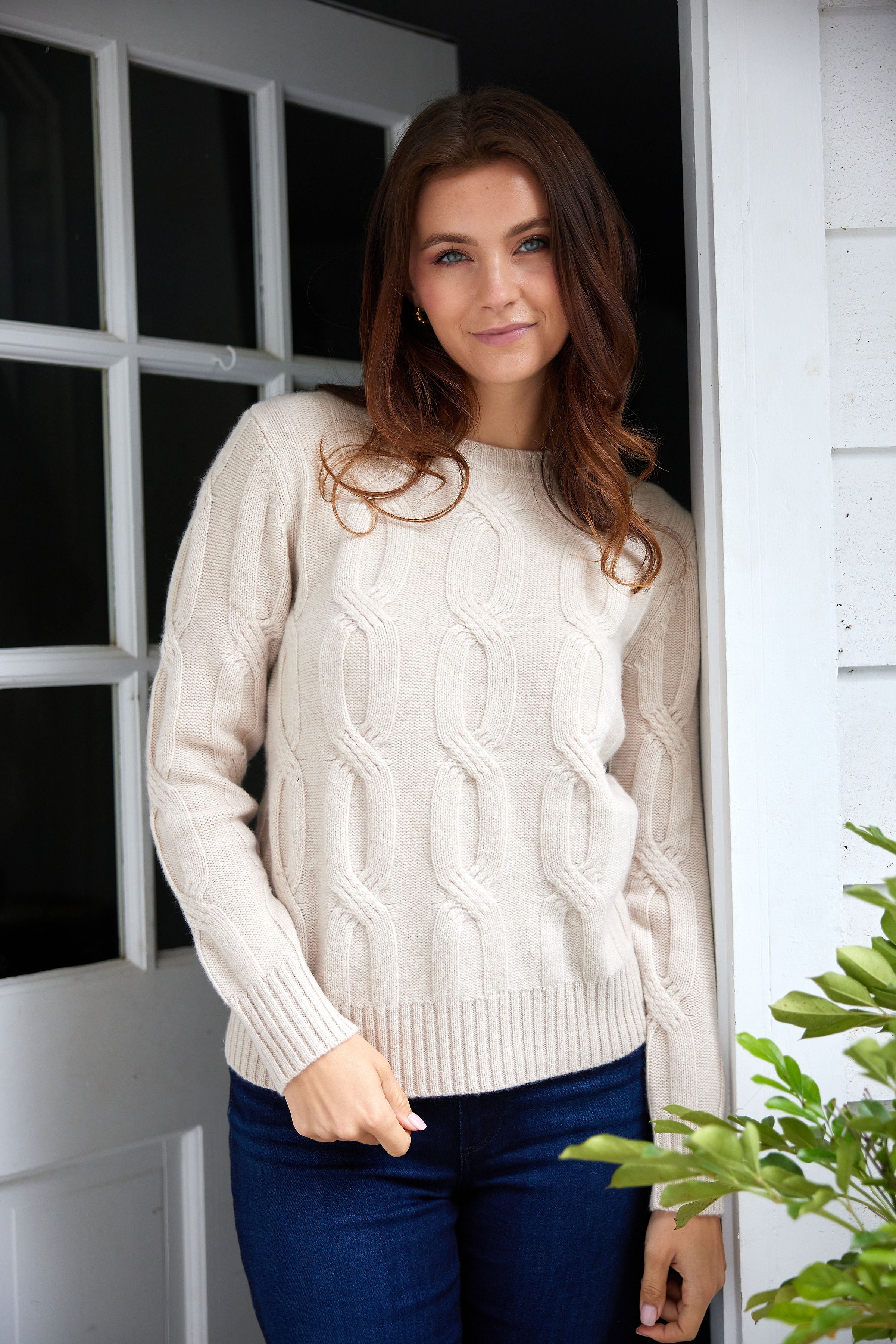 Camel Cable Knit Crew Neck Sweater Sail to Sable