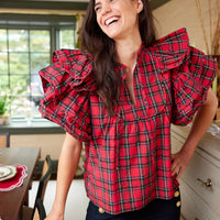 Red Plaid Ruffle Sleeve Top