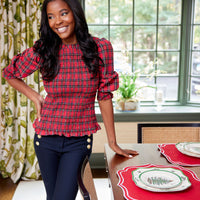 Red Plaid Long Sleeve Smocked Top