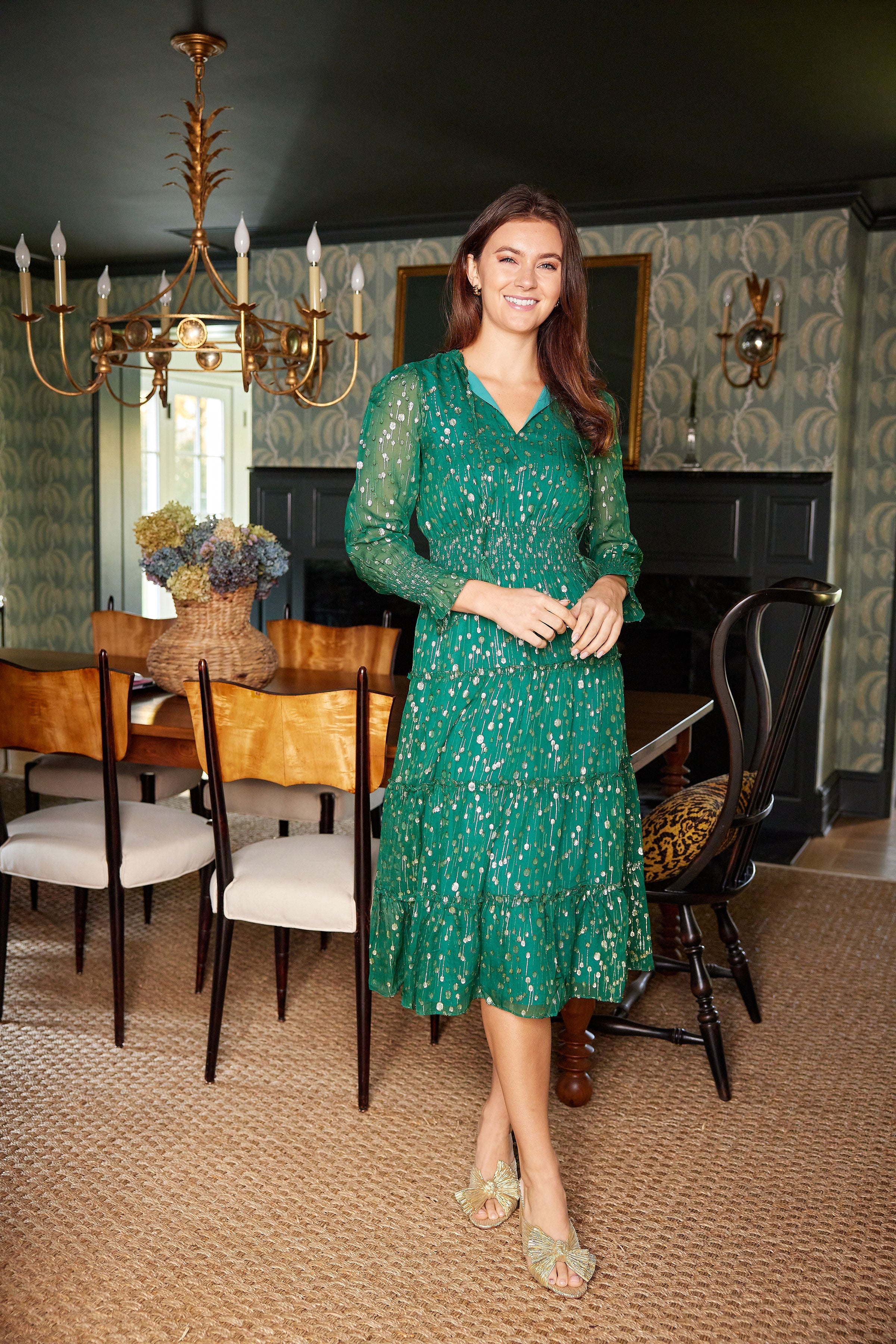 green emerald velvet dress Clemence Smocked Frill Trim Maxi Dress Lemon