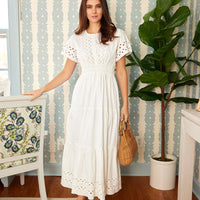 White Cinched Waist Midi Dress with Ric-Rac Inlay