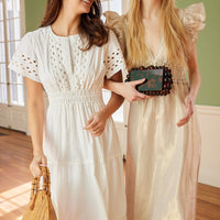 White Cinched Waist Midi Dress with Ric-Rac Inlay