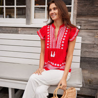 Tomato Embroidered Ruffle Front Top with Tassels