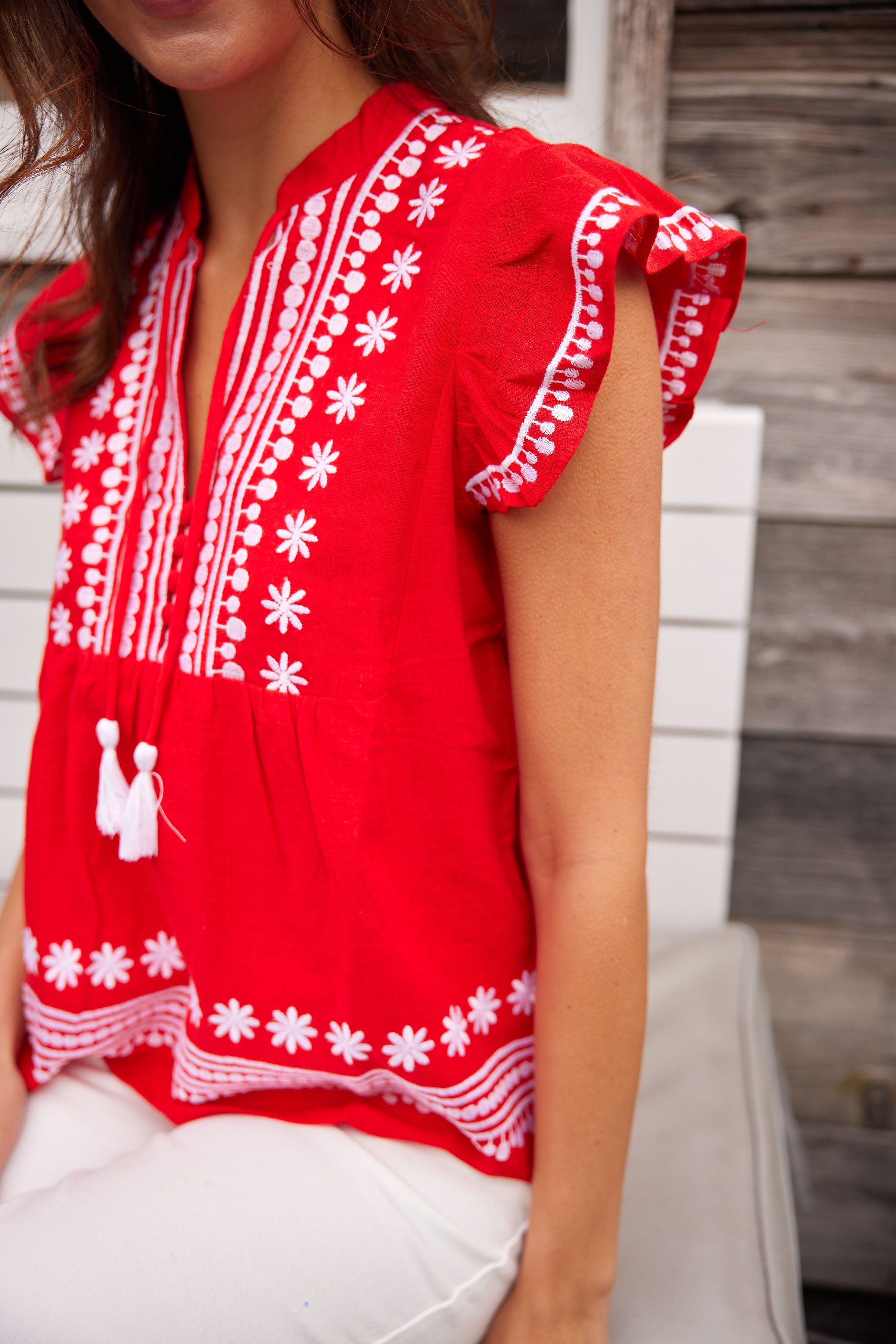 Tomato Embroidered Ruffle Front Top with Tassels – Sail to Sable