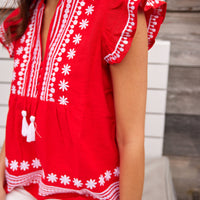 Tomato Embroidered Ruffle Front Top with Tassels