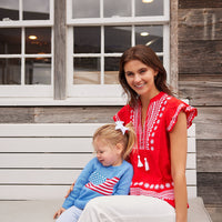 Tomato Embroidered Ruffle Front Top with Tassels