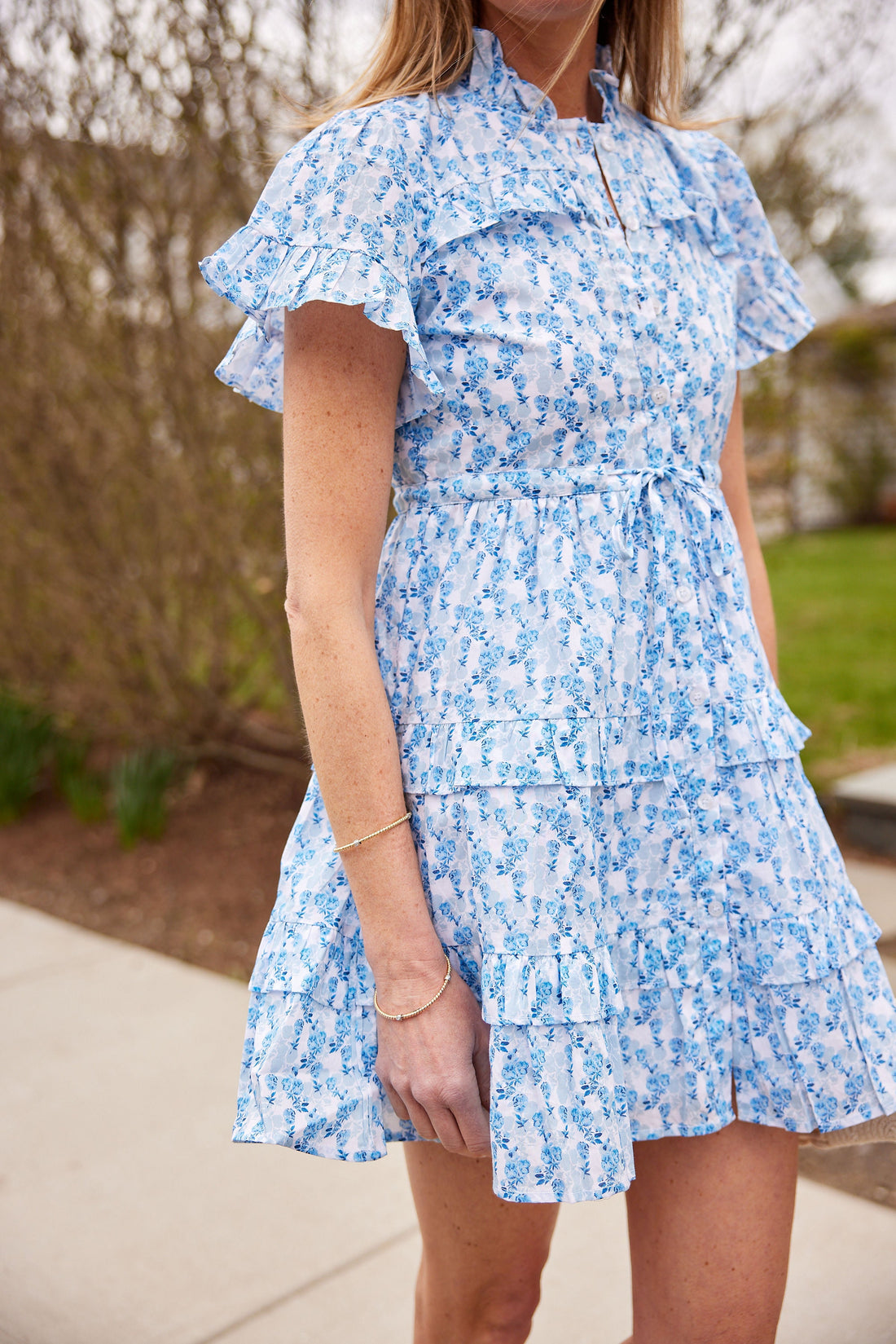 Ditsy Floral Ruffle Front Shirt Dress