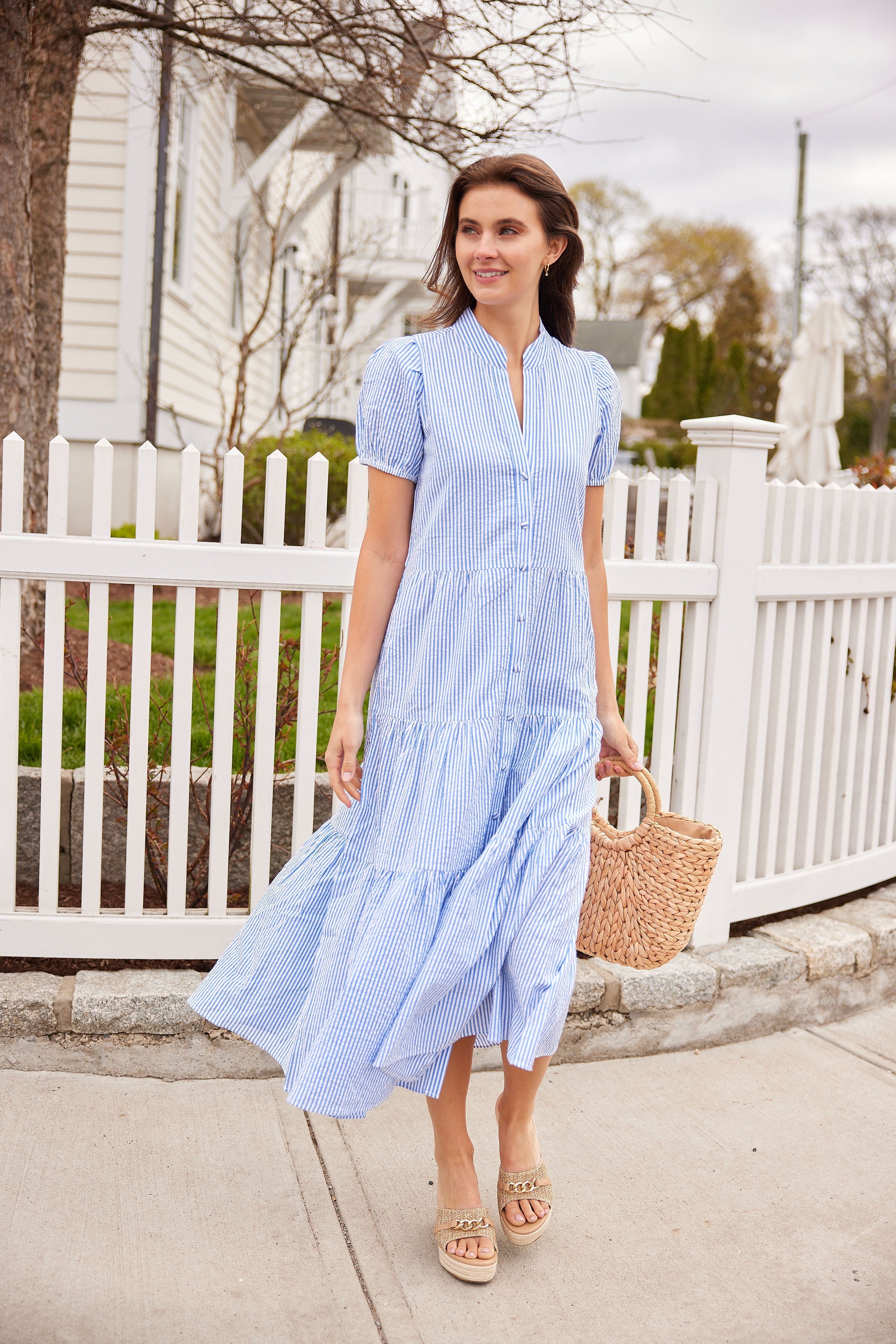 Blue White Stripe Short Sleeve Midi Dress – Sail to Sable