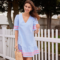 Blue & White Stripe V-Neck Puff Sleeve Dress