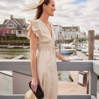 Gold V-Neck Flutter Sleeve Maxi Dress